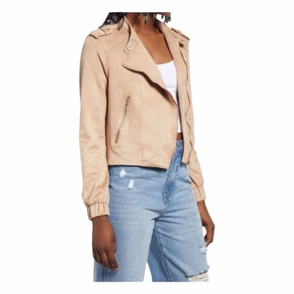 BLANKNYC Faux Suede Moto Bomber Jacket Sand Dune Tan Long Sleeve Zip-Up L - Picture 7 of 13